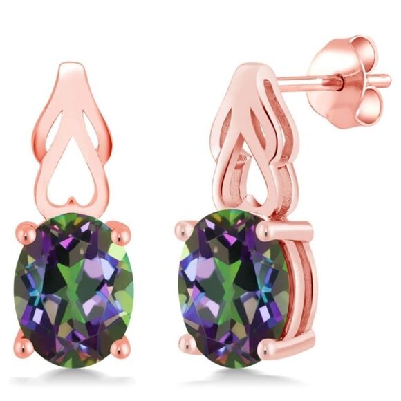 18K Rose Gold 925 with 3.60 Cttw Green Mystic Topaz Oval Post Back Drop Earrings - Picture 1 of 4